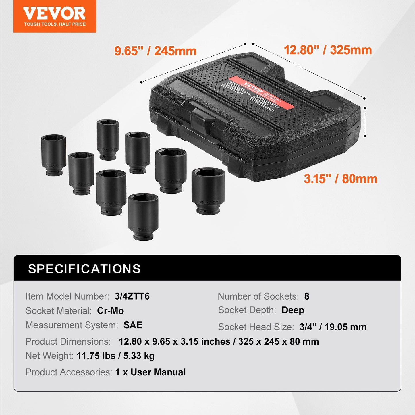 VEVOR Axle Nut Impact Socket Set 3/4" Deep Drive 6-Point 8PCS SAE Spindle Socket