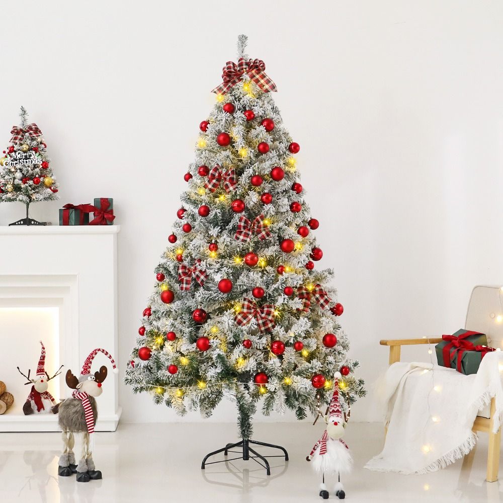 6FT Artificial Hinged Christmas Tree Snow Flocked Pine Tree with Solid Metal Stand Festival Xmas Tree for Indoor Outdoor