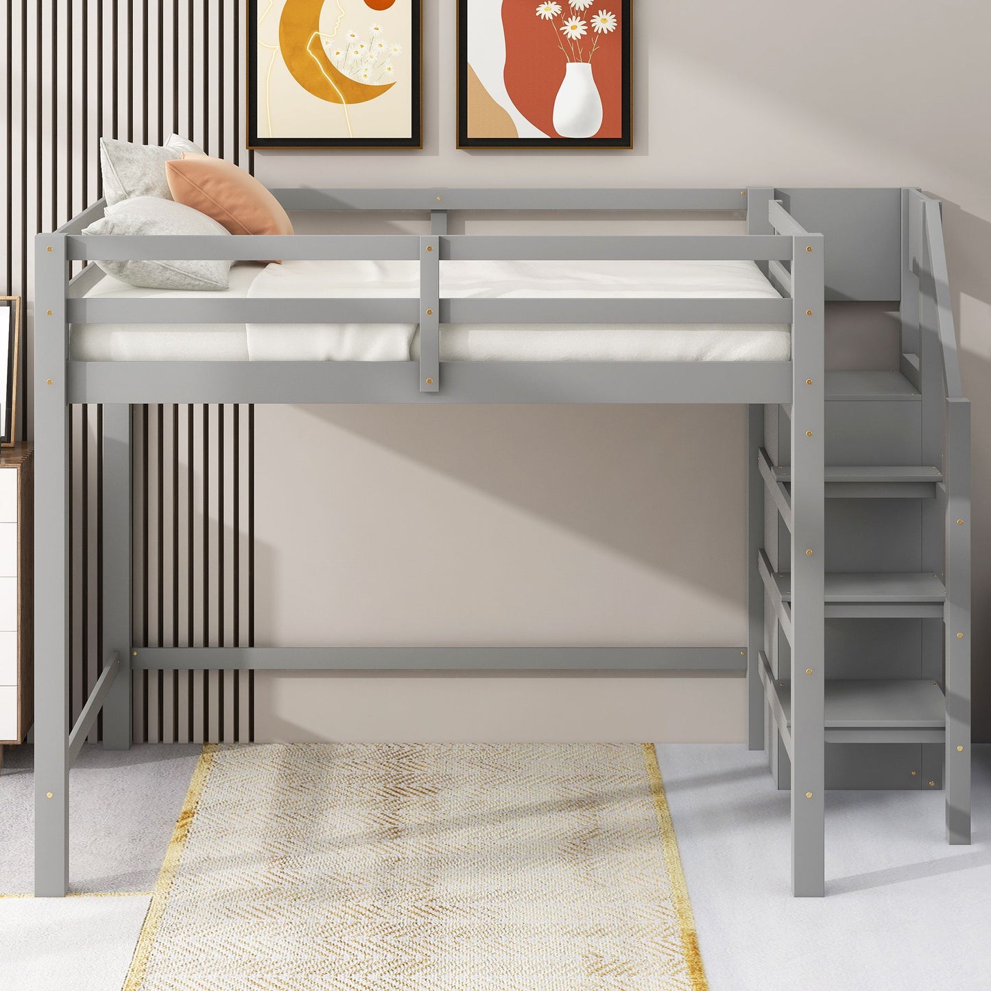 Full Size Loft Bed with Built-in Storage Wardrobe and Staircase, Gray(Old SKU:SM000527AAE)