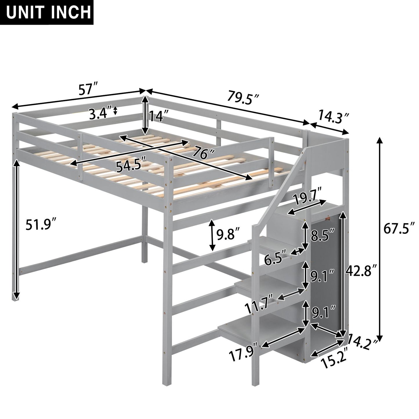 Full Size Loft Bed with Built-in Storage Wardrobe and Staircase, Gray(Old SKU:SM000527AAE)