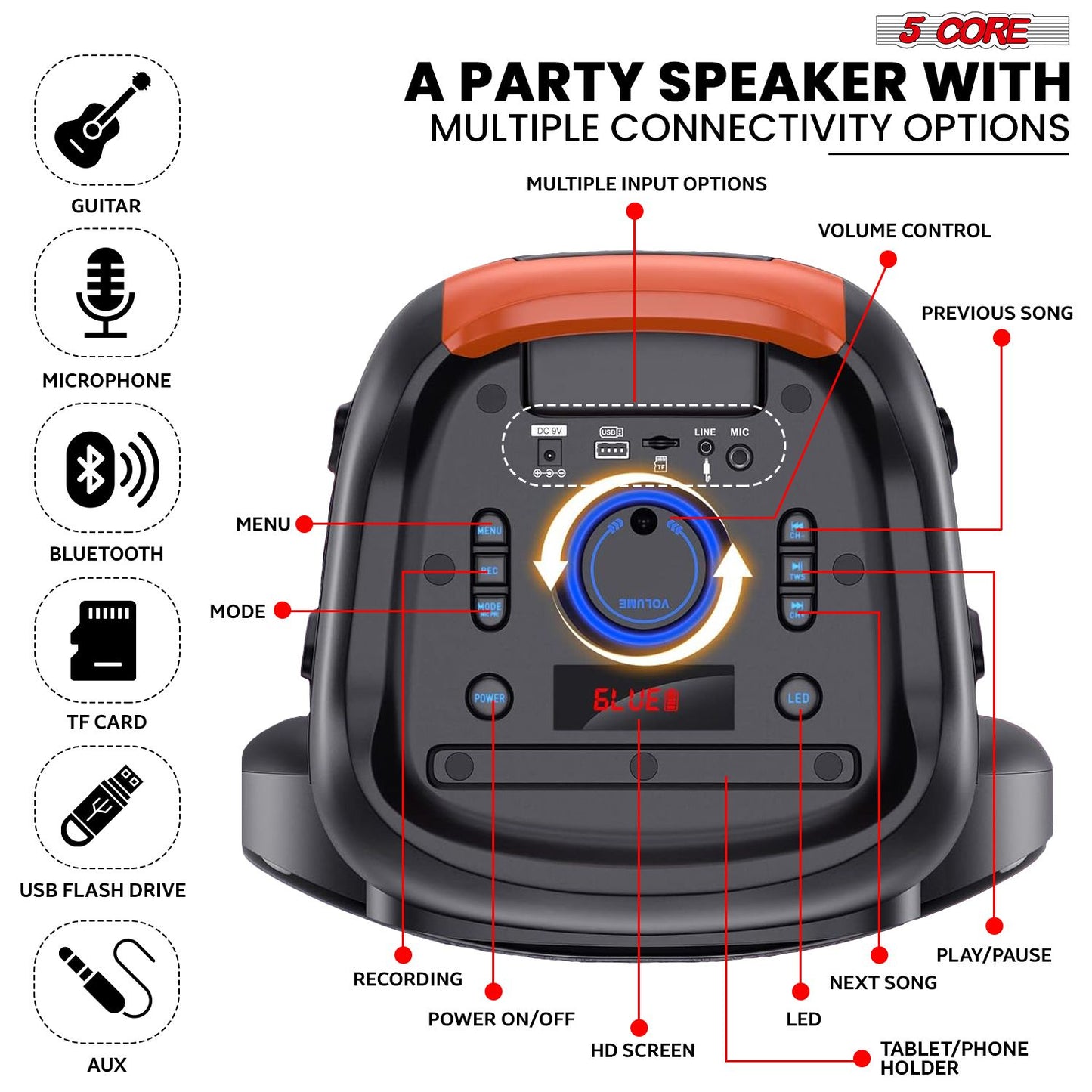 5 Core 12 Inch Bluetooth DJ Speaker Boom Box Party Speakers Karaoke Machine Portable PA Bocina for Singing with 2 Wireless Microphone + Light PLB 12X1 2MIC