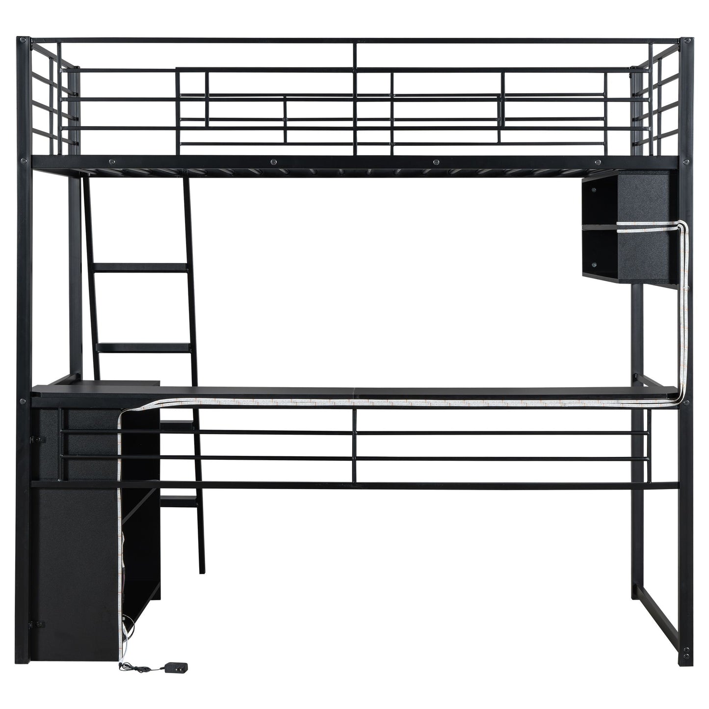 Twin Size Metal Loft Bed with LED, Desk and 4 Storage Shelves, Black