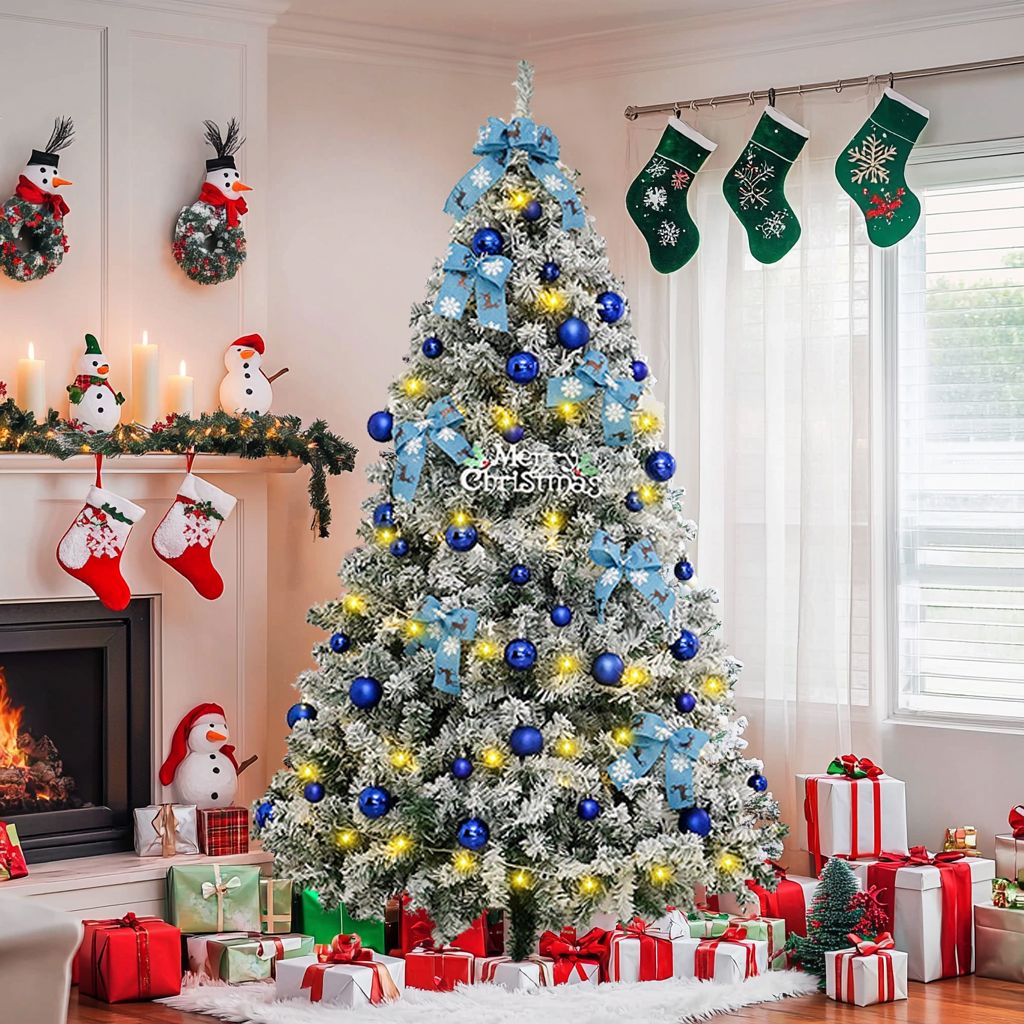 6FT Artificial Hinged Christmas Tree Snow Flocked Pine Tree with Solid Metal Stand Festival Xmas Tree for Indoor Outdoor