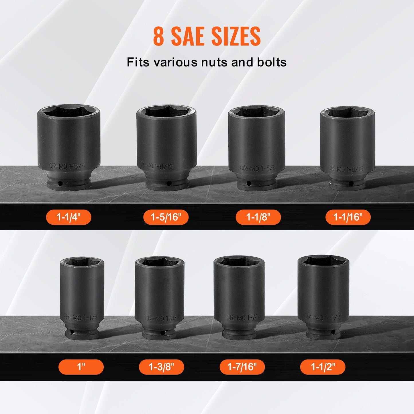 VEVOR Axle Nut Impact Socket Set 3/4" Deep Drive 6-Point 8PCS SAE Spindle Socket