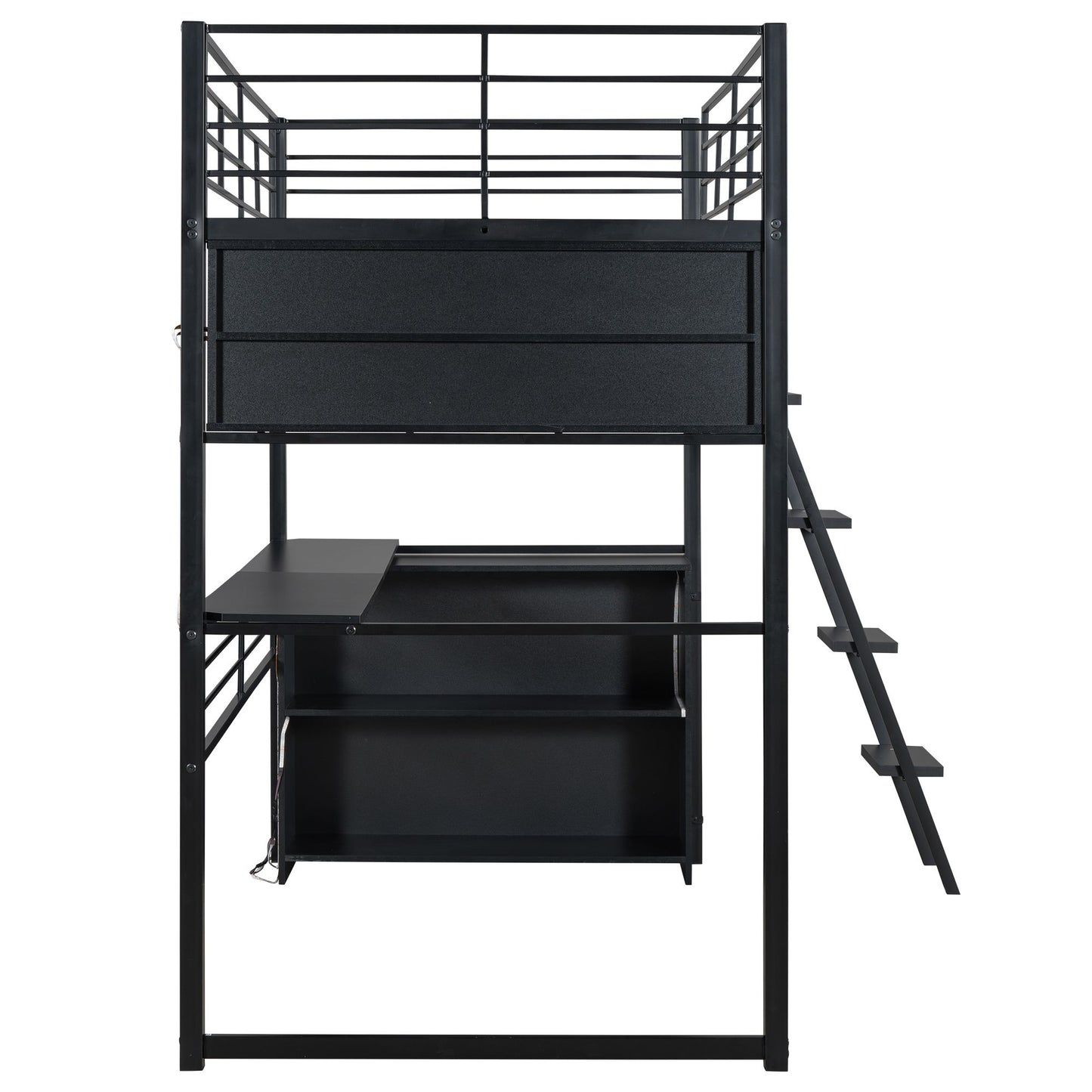 Twin Size Metal Loft Bed with LED, Desk and 4 Storage Shelves, Black