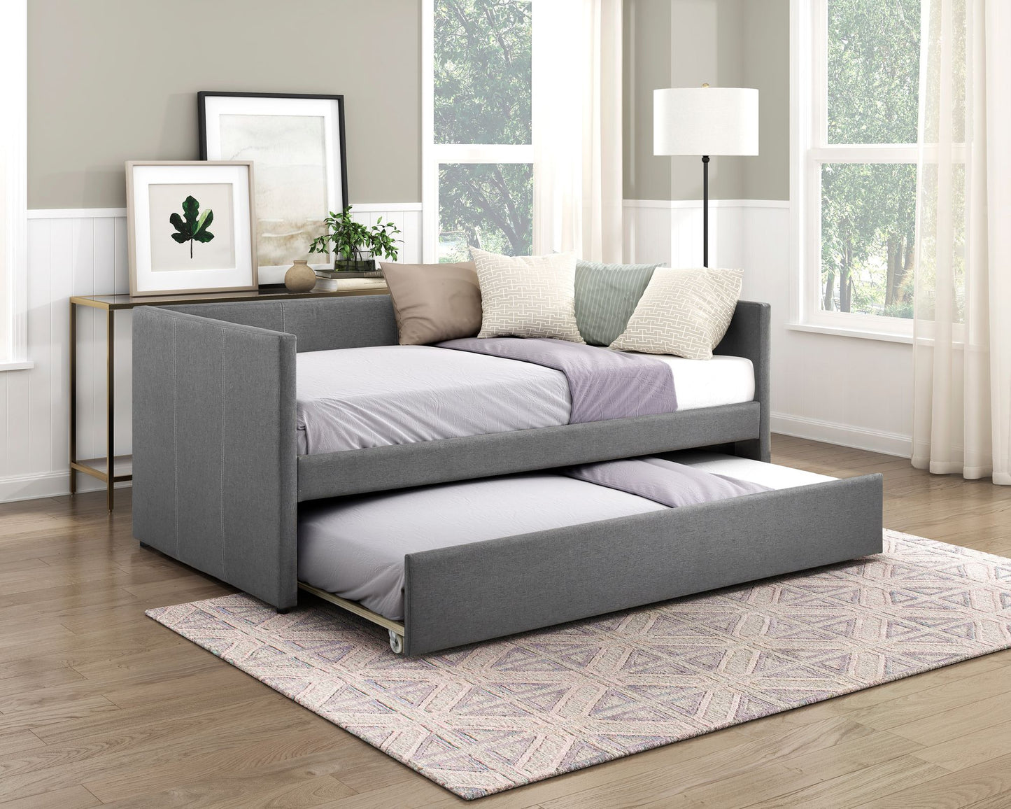 1pc Daybed with Trundle Dark Gray Fabric Upholstery Wooden Frame Modern Home Furniture