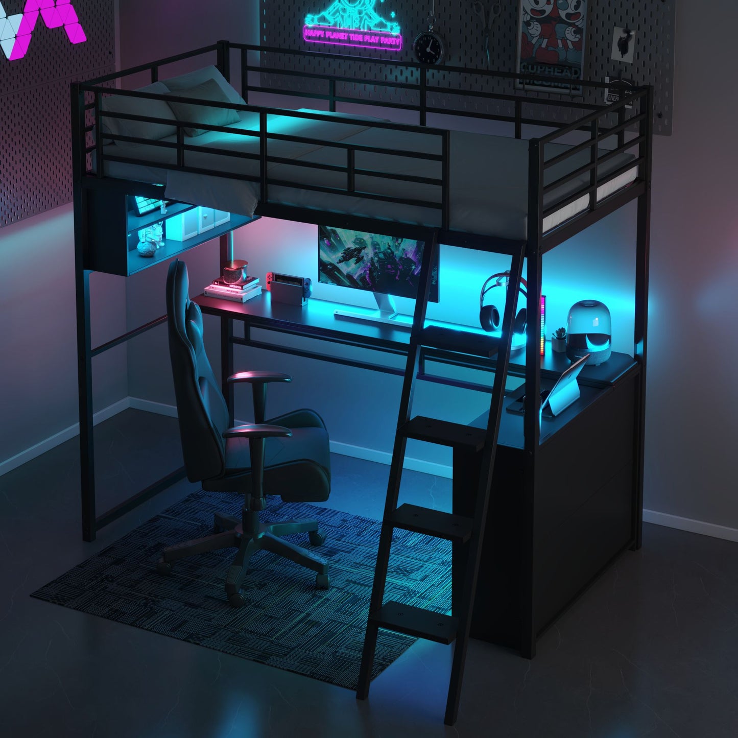 Twin Size Metal Loft Bed with LED, Desk and 4 Storage Shelves, Black