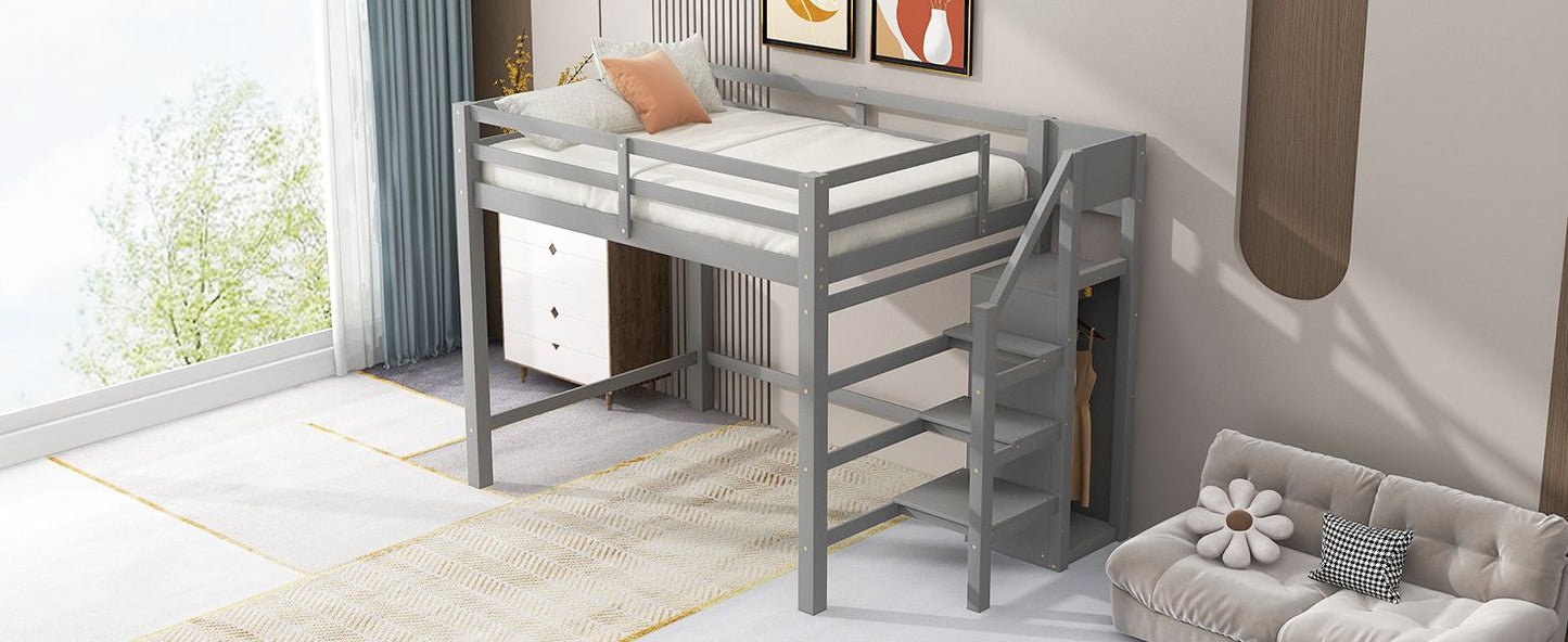 Full Size Loft Bed with Built-in Storage Wardrobe and Staircase, Gray(Old SKU:SM000527AAE)