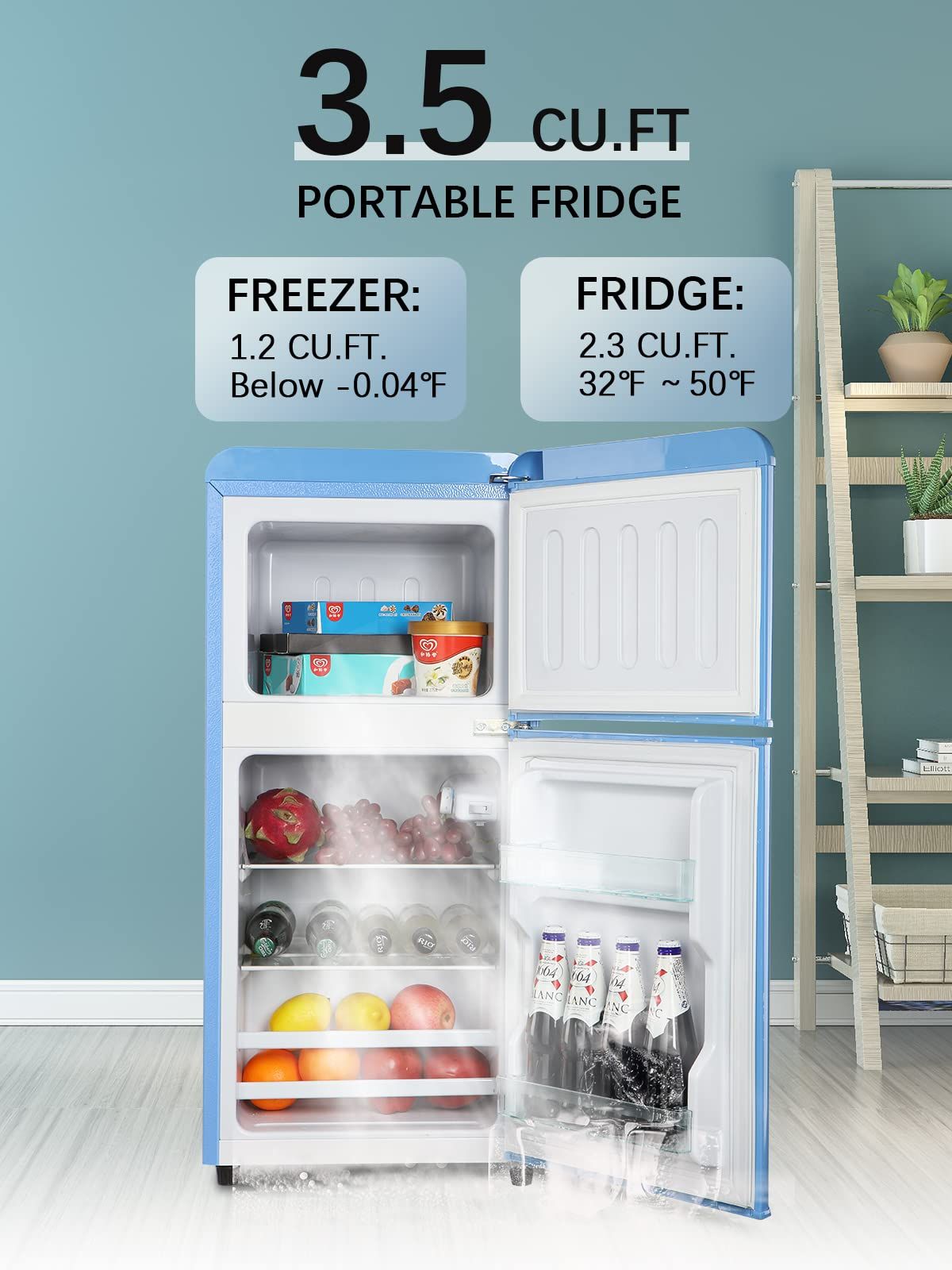 KRIB BLING 3.5Cu.Ft Compact Refrigerator Mini Fridge with Freezer, Small Refrigerator with 2 Door, 7 Level Thermostat Removable Shelves for Kitchen, Dorm, Apartment, Bar, Office, Silver/Black/Blue