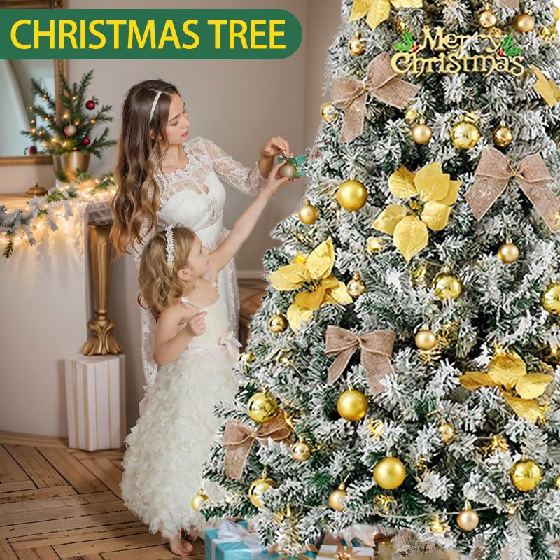 6FT Artificial Hinged Christmas Tree Snow Flocked Pine Tree with Solid Metal Stand Festival Xmas Tree for Indoor Outdoor