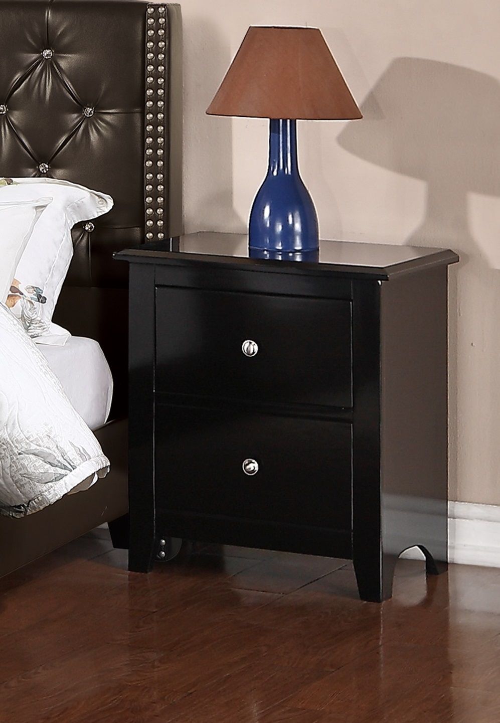 Bedroom Bed Side Table 1x Nightstand Black Color Wooden 2 Drawers Table