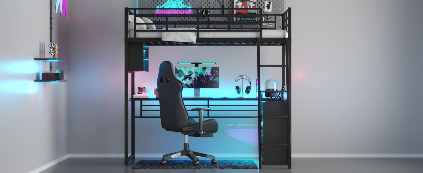 Twin Size Metal Loft Bed with LED, Desk and 4 Storage Shelves, Black