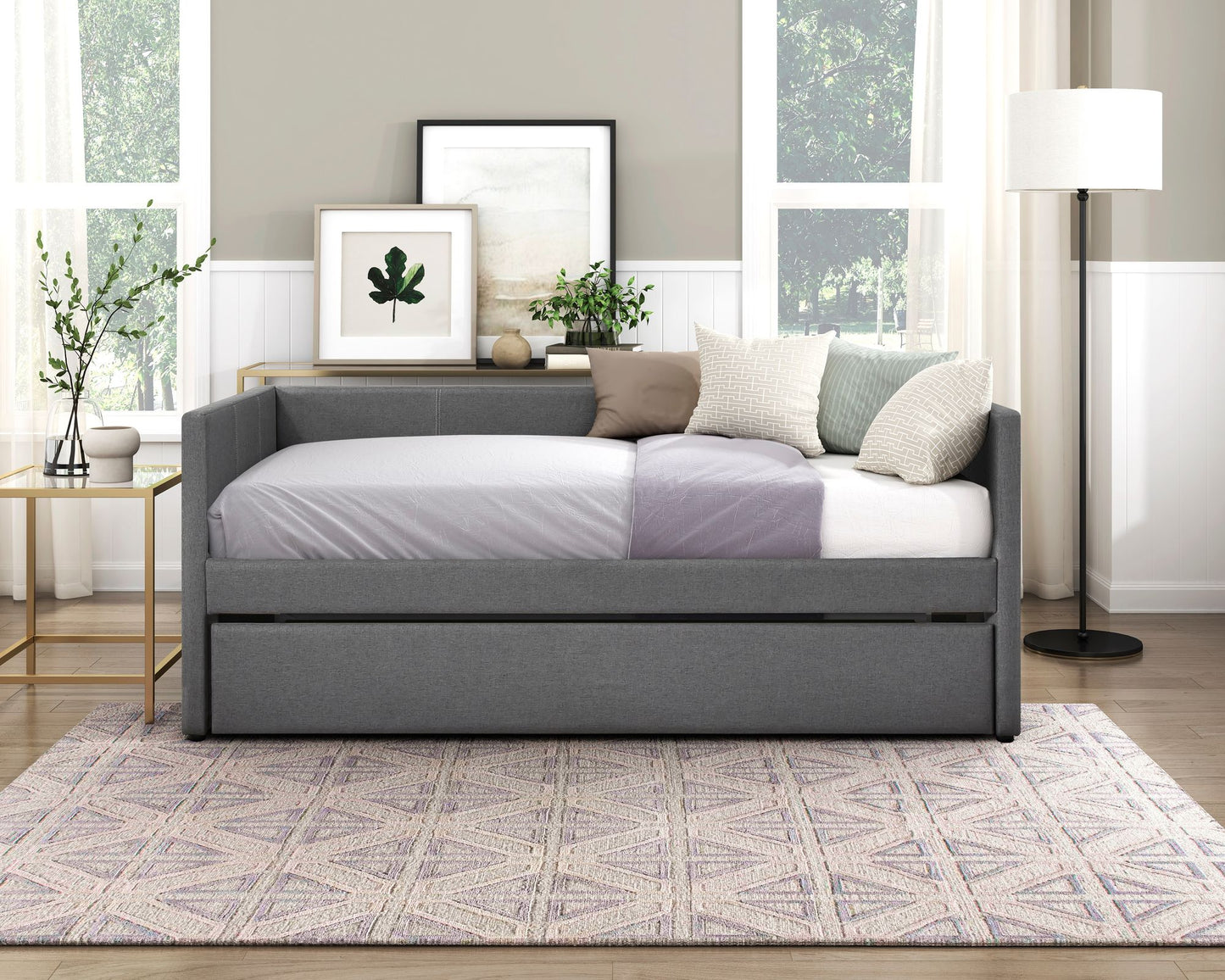 1pc Daybed with Trundle Dark Gray Fabric Upholstery Wooden Frame Modern Home Furniture