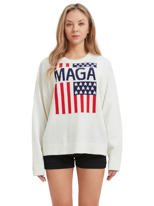 Womens Oversized MAGA American Flag Knit Drop Shoulder Sweater