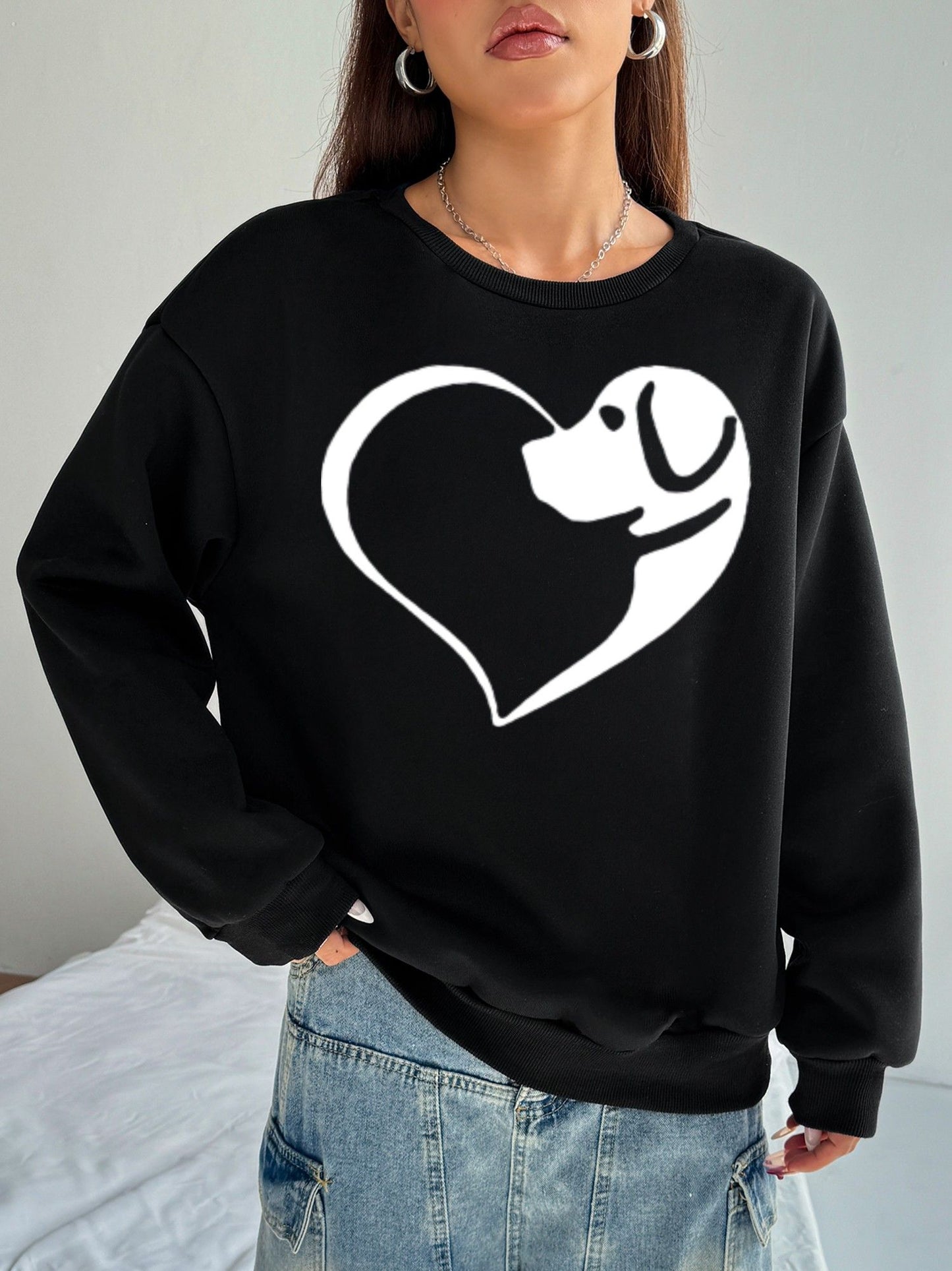 Women Basic Casual Pullover Spring Autumn Long Sleeve Dog love Printed Round Neck