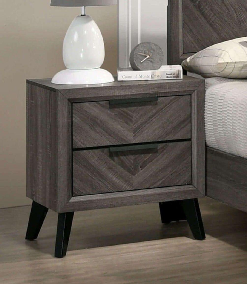 Contemporary Gray Color 1pc Nightstand Bedroom Furniture Solid wood Chevron Pattern 2-Drawers bedside Table Replicated Wood Grain