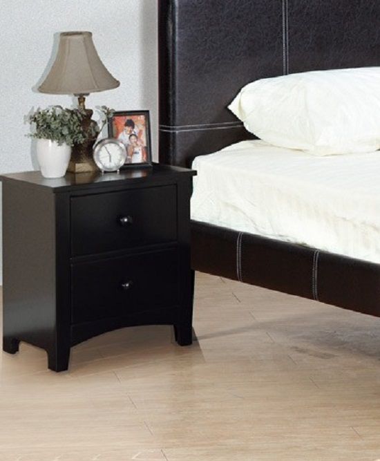 Bedroom Bed Side Table 1x Nightstand Black Color Wooden 2 Drawers Table