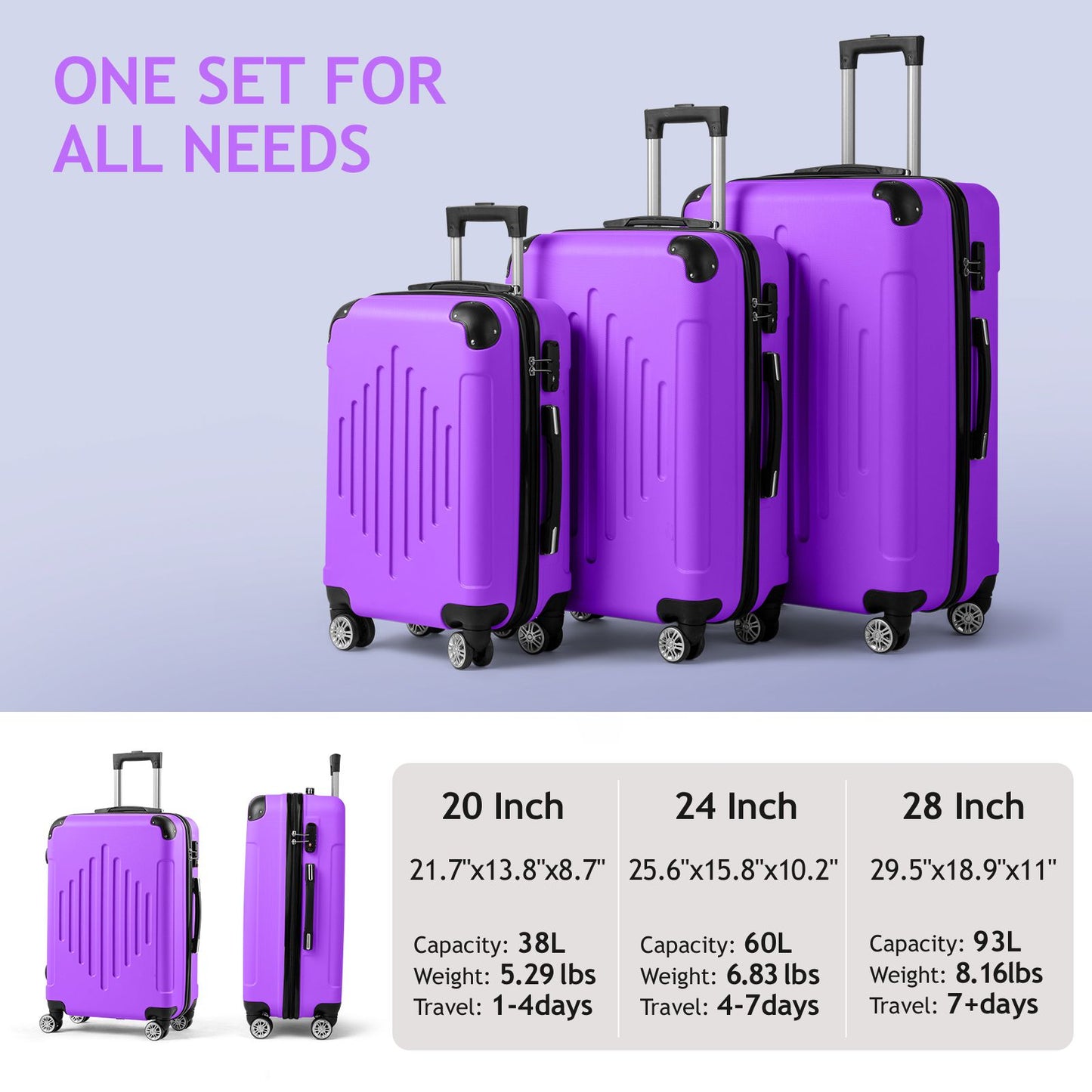 Trolley 3-Piece Suitcase Set, Carry-On Suitcase Set Hard Shell Lightweight Spinner with TSA Lock, Purple, Green, Yellow, Blue