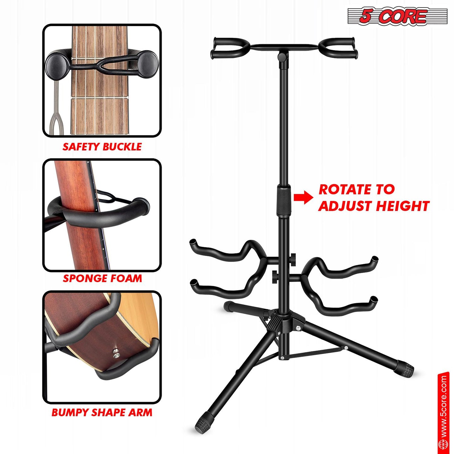 5 Core Guitar Stand Black | Durable Double Guitar Stand with Neck Holder| Universal Floor Stand for Acoustic Electric Guitars, Bass, Banjos| Metal Folding Tripod Stand Holds 2 Guitars- GSH 2N1