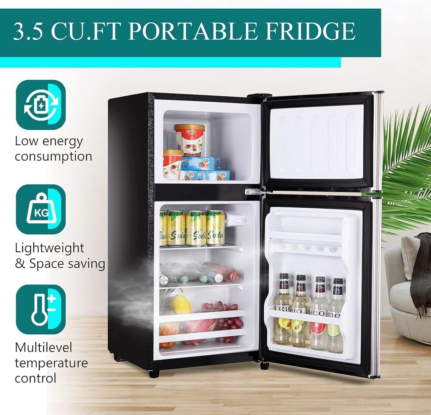 KRIB BLING 3.5Cu.Ft Compact Refrigerator Mini Fridge with Freezer, Small Refrigerator with 2 Door, 7 Level Thermostat Removable Shelves for Kitchen, Dorm, Apartment, Bar, Office, Silver/Black/Blue