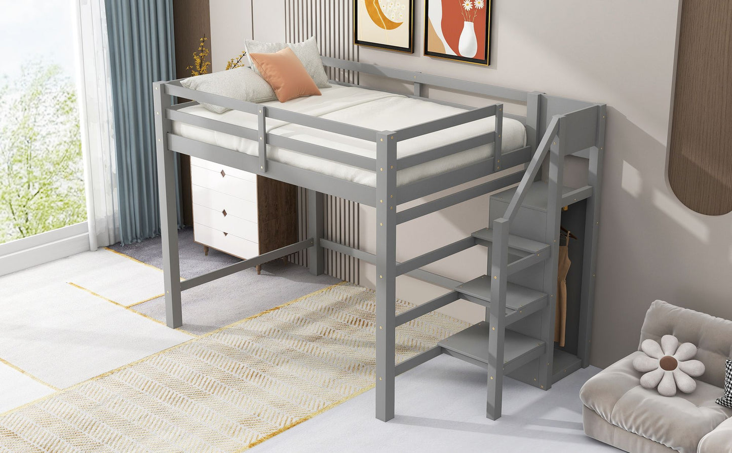 Full Size Loft Bed with Built-in Storage Wardrobe and Staircase, Gray(Old SKU:SM000527AAE)