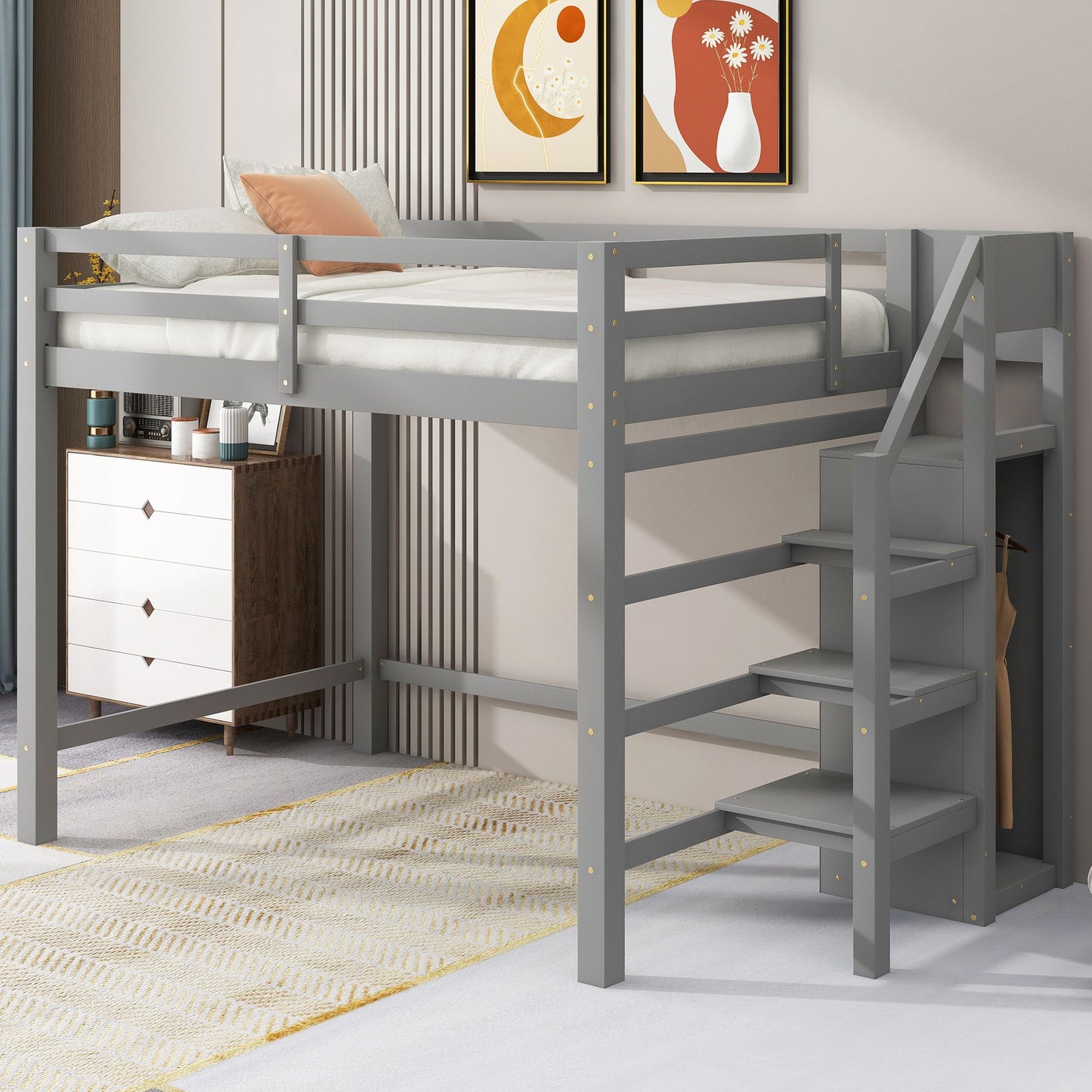 Full Size Loft Bed with Built-in Storage Wardrobe and Staircase, Gray(Old SKU:SM000527AAE)