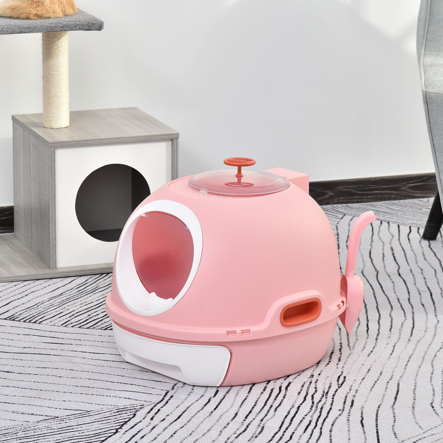 PawHut Covered Litter Box, Litter Box with a Lid, Scoop Enclosed Drawer & Skylight for Cats That's Easy to Clean, Pink