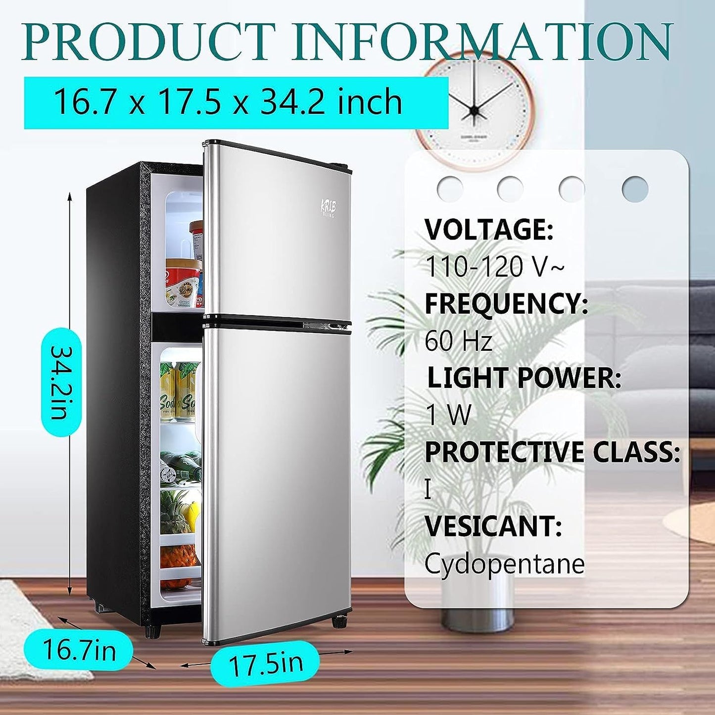 KRIB BLING 3.5Cu.Ft Compact Refrigerator Mini Fridge with Freezer, Small Refrigerator with 2 Door, 7 Level Thermostat Removable Shelves for Kitchen, Dorm, Apartment, Bar, Office, Silver/Black/Blue