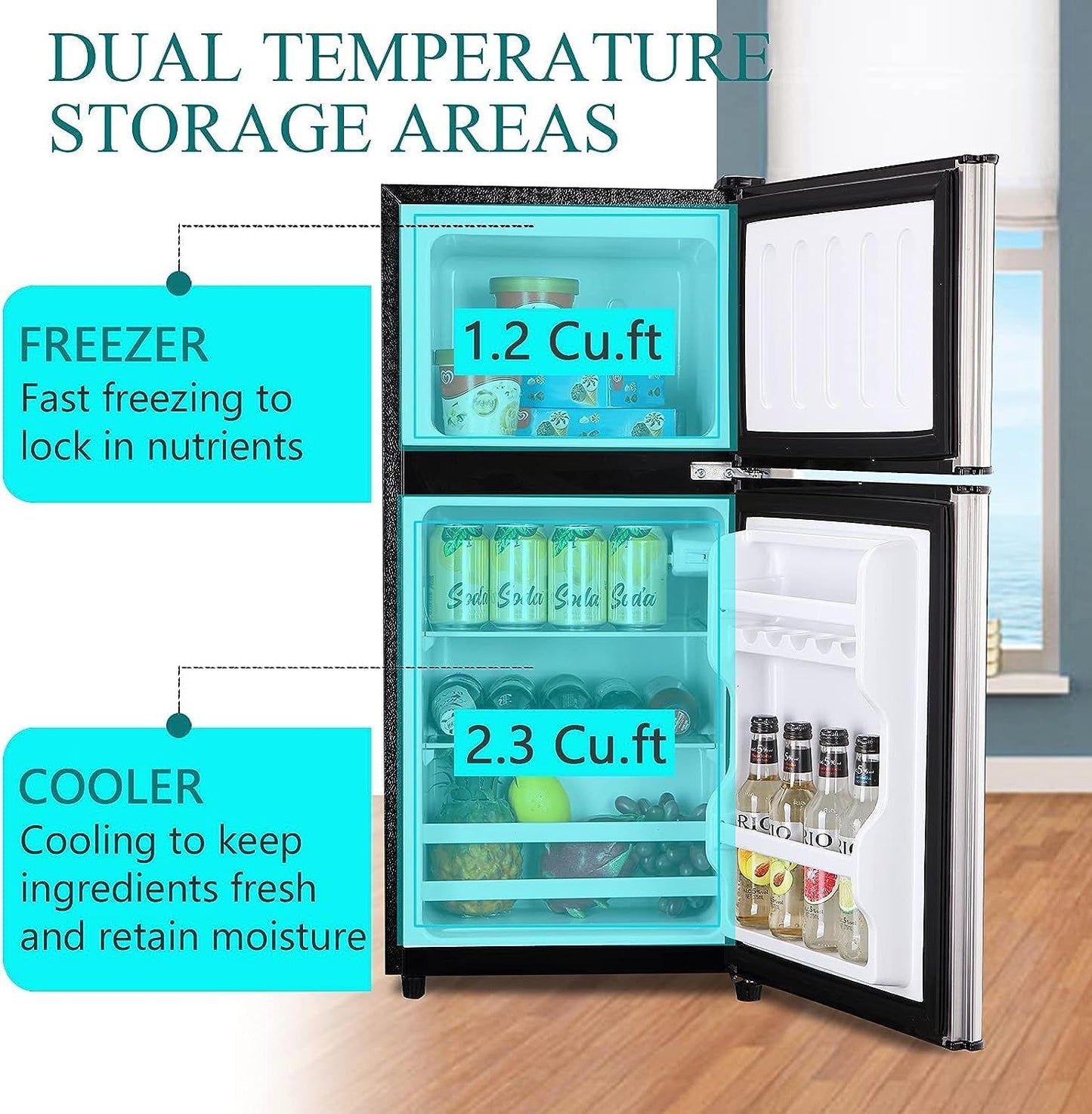 KRIB BLING 3.5Cu.Ft Compact Refrigerator Mini Fridge with Freezer, Small Refrigerator with 2 Door, 7 Level Thermostat Removable Shelves for Kitchen, Dorm, Apartment, Bar, Office, Silver/Black/Blue