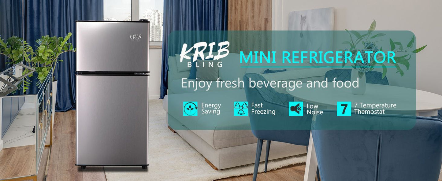 KRIB BLING 3.5Cu.Ft Compact Refrigerator Mini Fridge with Freezer, Small Refrigerator with 2 Door, 7 Level Thermostat Removable Shelves for Kitchen, Dorm, Apartment, Bar, Office, Silver/Black/Blue