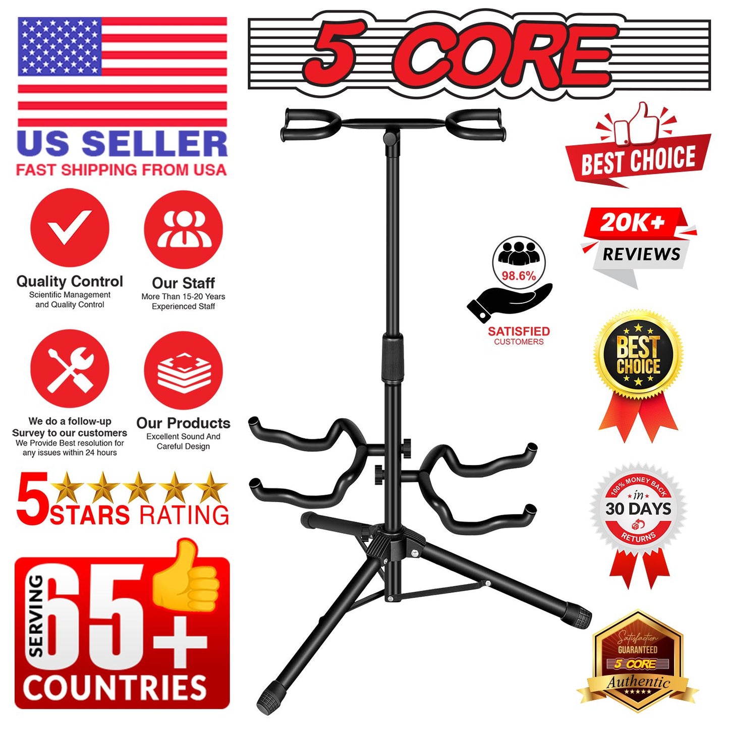 5 Core Guitar Stand Black | Durable Double Guitar Stand with Neck Holder| Universal Floor Stand for Acoustic Electric Guitars, Bass, Banjos| Metal Folding Tripod Stand Holds 2 Guitars- GSH 2N1